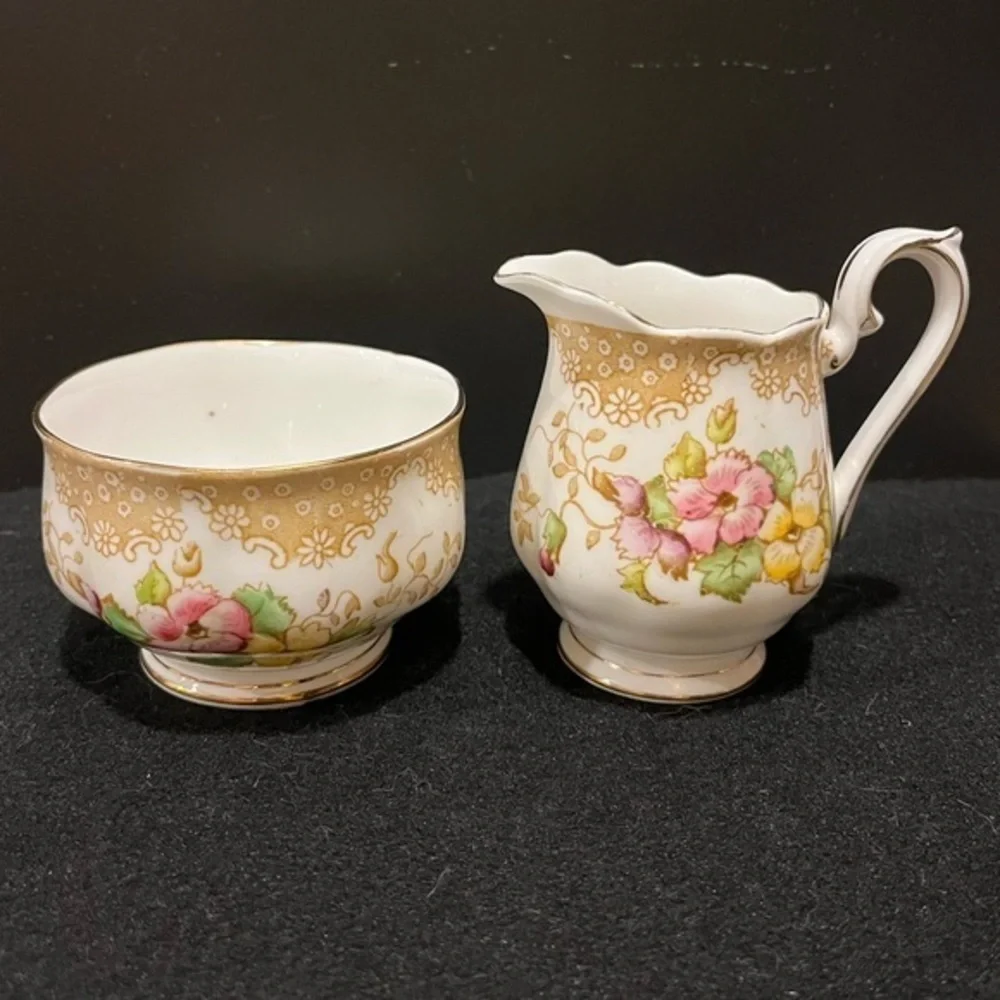 Royal Albert Bone China Open Sugar Bowl and Cream pitcher Lovelace pattern